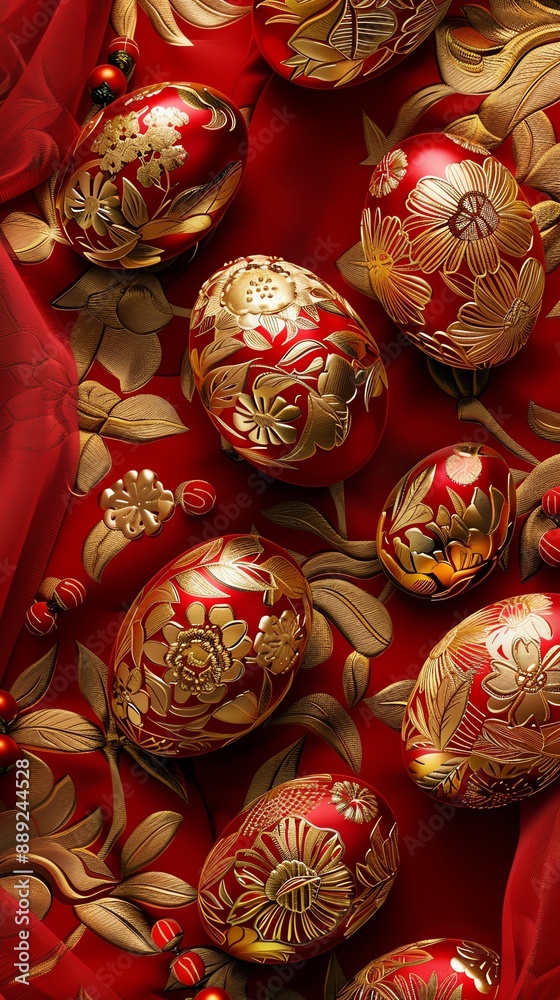 A collection of intricately decorated Easter eggs with ornate floral patterns on a vibrant red background. A collection of intricately decorated Easter eggs with ornate floral patterns on a vibrant red background.