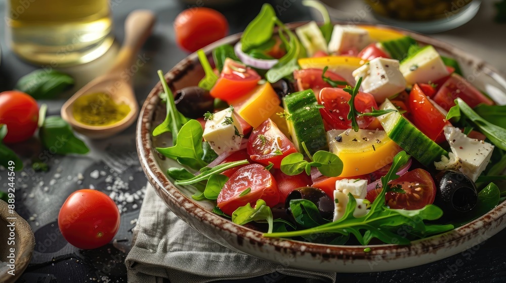 Fresh, vibrant salad with tomatoes, greens, cucumbers, and cheese, perfect for a healthy meal option. Fresh, vibrant salad with tomatoes, greens, cucumbers, and cheese, perfect for a healthy meal option.