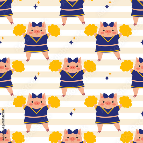 Seamless pattern with a cute pigs cheerleader with pompoms and stars on a striped background. Little pigs wearing cheerleader costume. Vector illustration in flat style.