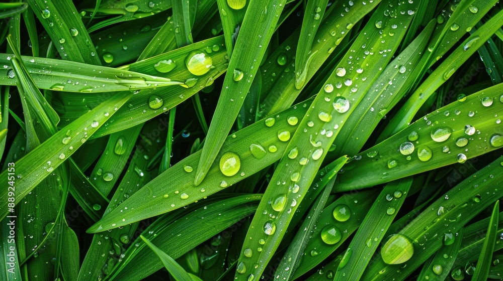 Close up of fresh green grass with dewdrops after rain top down view Close up of fresh green grass with dewdrops after rain top down view