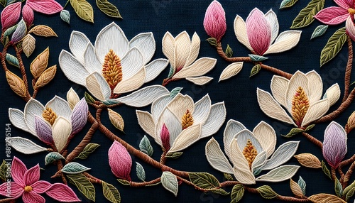 Magnolia Flowers Embroidery Art