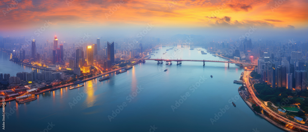 Sunset Cityscape with Glowing Urban Skyline Sunset Cityscape with Glowing Urban Skyline