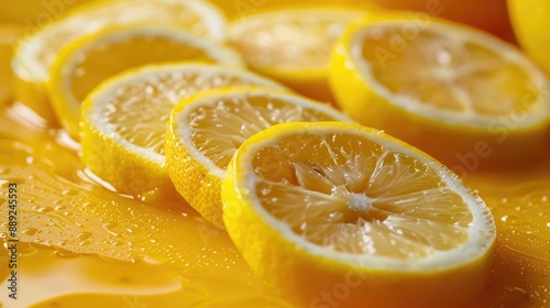 Close up of lemon slices on a yellow board photo