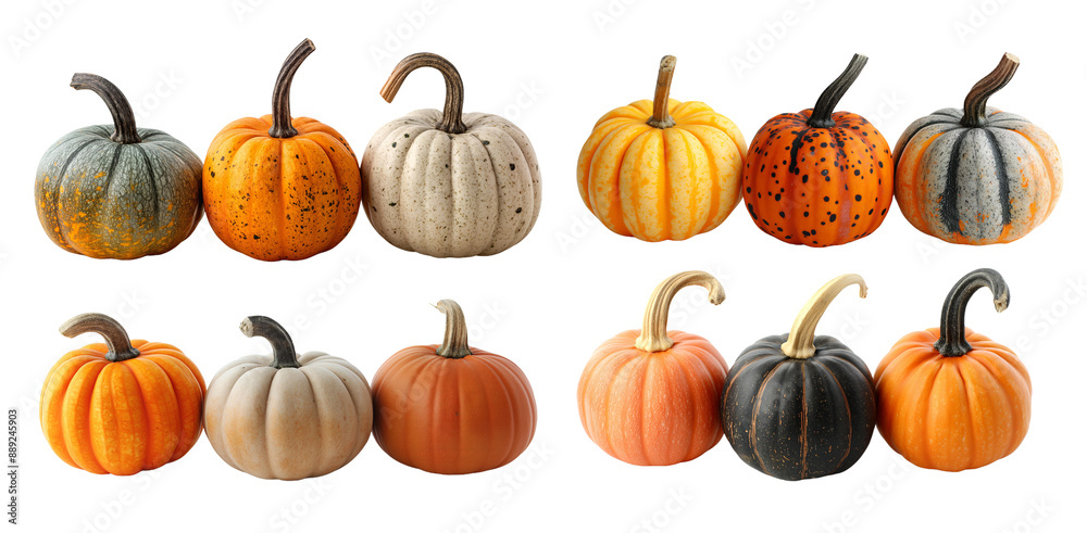 Vibrant pumpkins isolated against a white backdrop, presenting their side view as plump, seasonal vegetables suitable for Halloween and Thanksgiving celebrations. This design concept incorporates them Vibrant pumpkins isolated against a white backdrop, presenting their side view as plump, seasonal vegetables suitable for Halloween and Thanksgiving celebrations. This design concept incorporates them