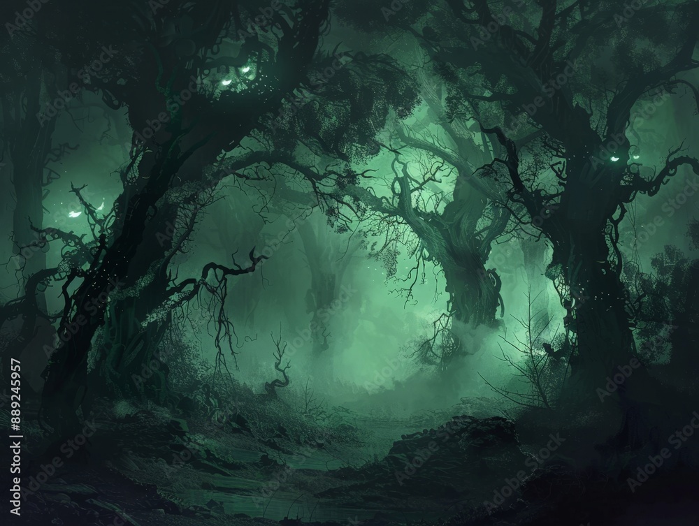 Obraz premium Enchanted Forest of Shadows: Mysterious Clearing with Eerie Green Glow and Glowing Eyes