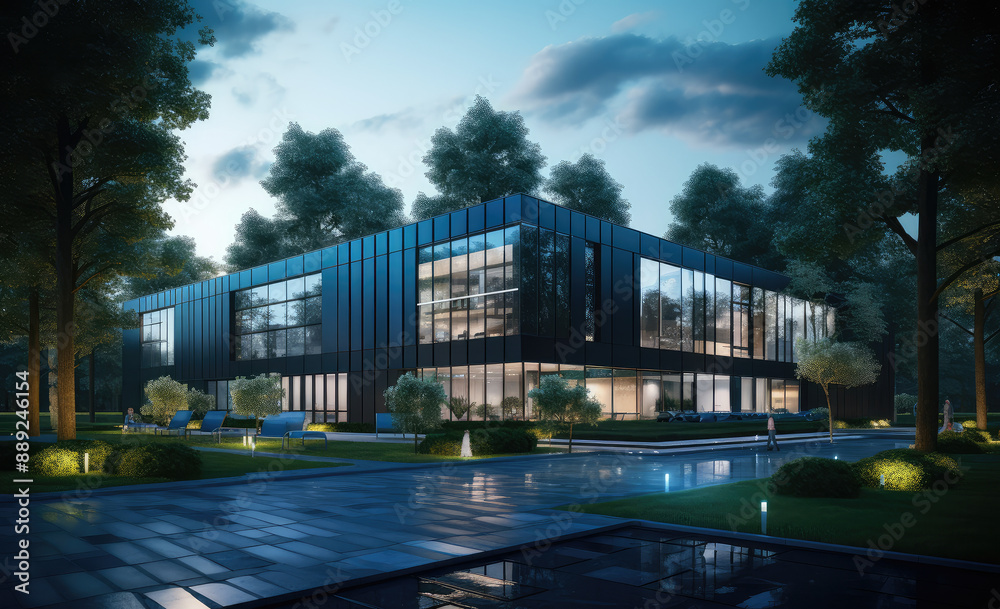 Sleek Modern Corporate Office Exterior at Nightfall Sleek Modern Corporate Office Exterior at Nightfall