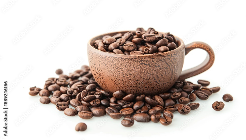 Delicious coffee beans and cup, white background Delicious coffee beans and cup, white background