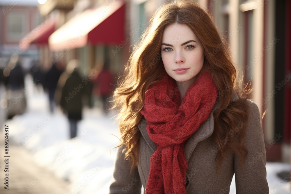 A woman with red hair is wearing a red scarf and standing on a snowy street A woman with red hair is wearing a red scarf and standing on a snowy street