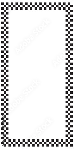 Rectangular frame with black and white squares print. Checkered rectangle shape. Vignette with checkerboard, race flag or chess game plane pattern. Geometric framework. Vector graphic illistration