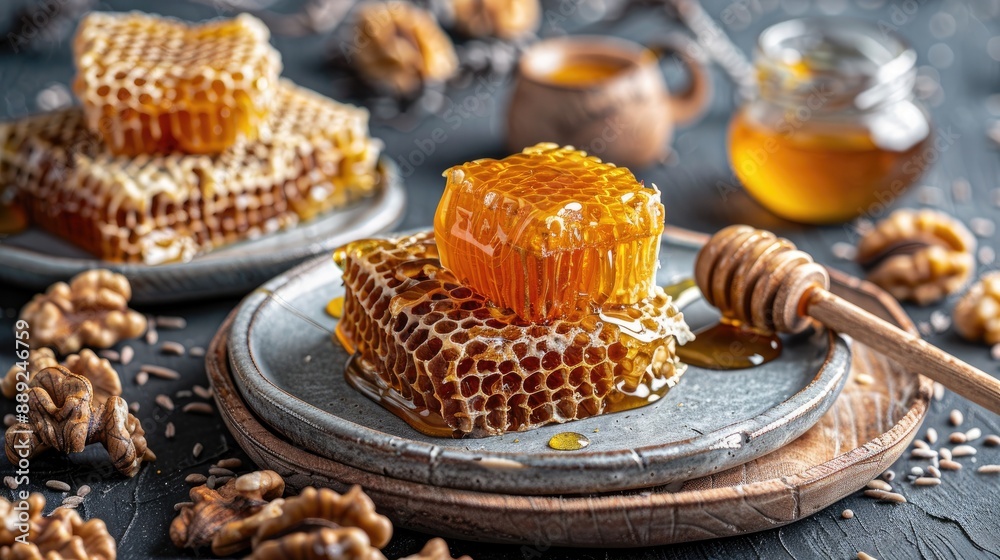 Overview of honey dipper honey comb walnuts and bowl with honey in a gray dish Close up photo Concept of wholesome organic food Gray wood backdrop Overview of honey dipper honey comb walnuts and bowl with honey in a gray dish Close up photo Concept of wholesome organic food Gray wood backdrop