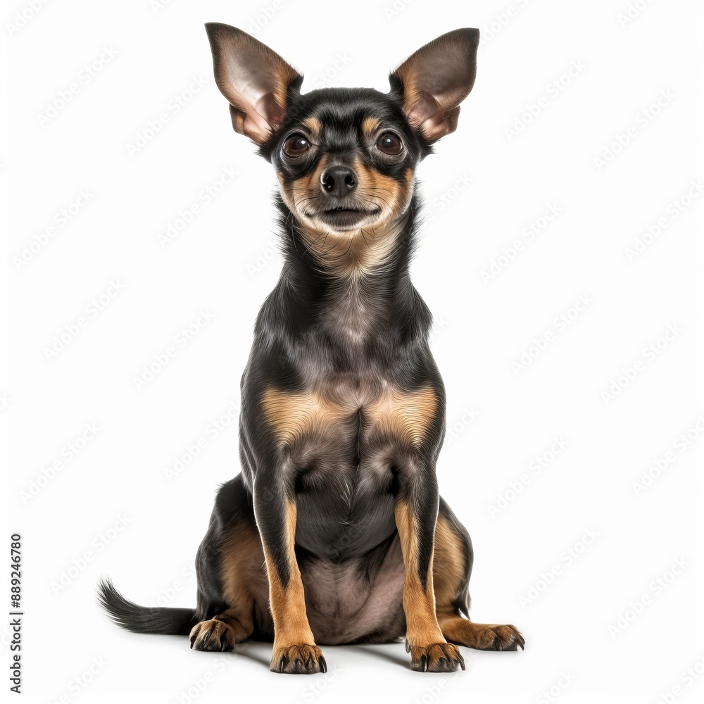 Adorable black and tan Chihuahua standing alert with ears perked up on a white background, looking at camera.