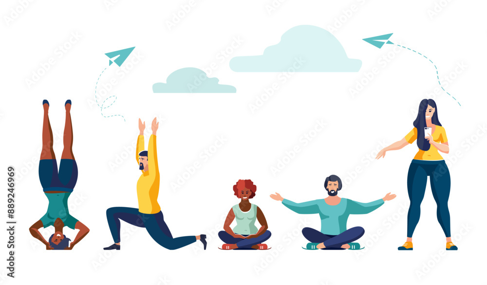 Concept of meditation during working hours, break. Ethnic people doing physical exercises, selfie, girls, boys. Benefits for the health of the body, mind emotions, thought process. Vector illustration Concept of meditation during working hours, break. Ethnic people doing physical exercises, selfie, girls, boys. Benefits for the health of the body, mind emotions, thought process. Vector illustration