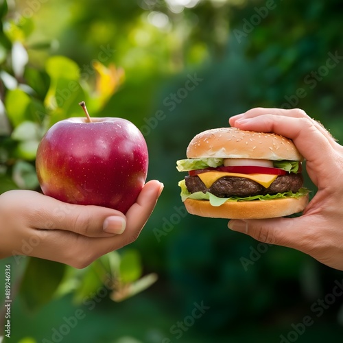 Holding an apple fruit in one hand and a hamburger in the other. Fresh, organic, and natural vegetarian cuisine is preferable than processed, fast-food meat that is unhealthy. Fitness eating, nutritio
