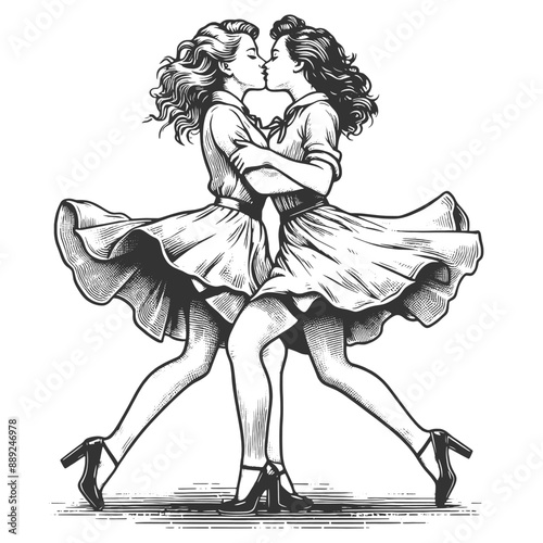 two women dancing and kissing, romantic, playful mood with intricate detail sketch engraving generative ai fictional character vector illustration. Scratch board imitation. Black and white image.