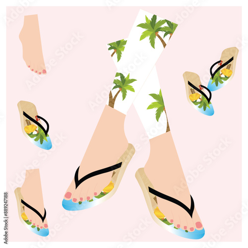 Summer time background. Summer beach flip flop. Top view on umbrella, beach tree, bucket, fresh cocktail, flip flops, beach ball, flower and sea sand on wooden texture. Vector illustration. 