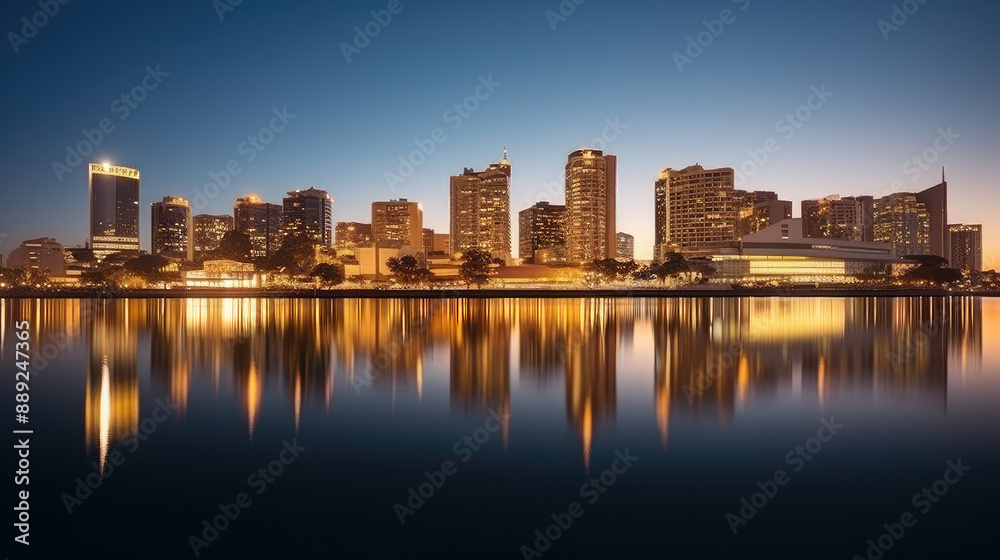 Twilight Serenity: Urban Skyline and Water Reflection Twilight Serenity: Urban Skyline and Water Reflection