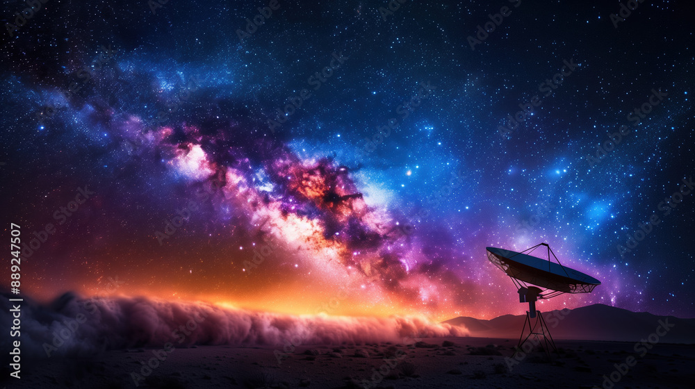 Naklejka premium Deep Space AI Satellite Sending Interstellar Message of Peace and Hope to Milky Way