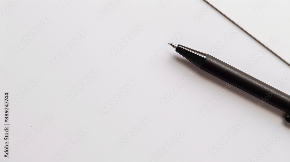 Black pen is lying on a white sheet of paper, with a mechanical pencil nearby, suggesting an office environment and the potential for creative work Black pen is lying on a white sheet of paper, with a mechanical pencil nearby, suggesting an office environment and the potential for creative work