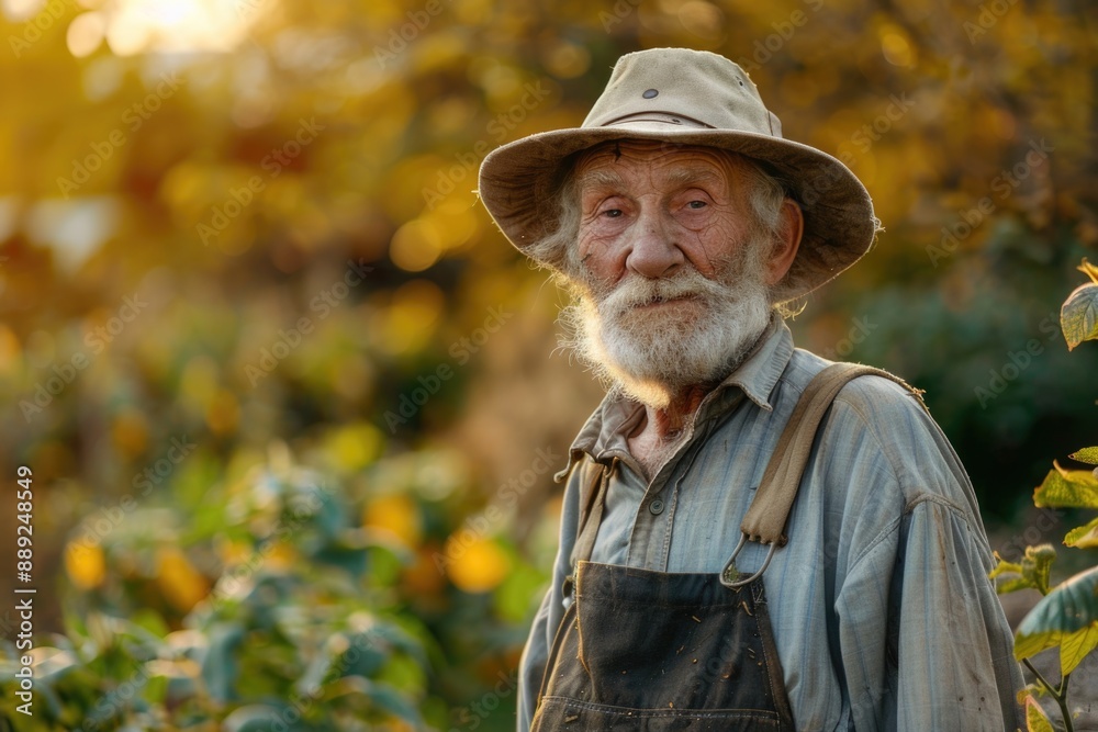 Old Gardener in Countryside Garden: Confident Agrarian after Autumn Crop Work Old Gardener in Countryside Garden: Confident Agrarian after Autumn Crop Work