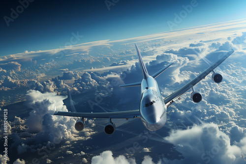  A hyperrealistic photo of a large passenger airplane soaring through a bright, blue sky, surrounded by fluffy white clouds, with sunlight glinting off the wings and detailed textures 