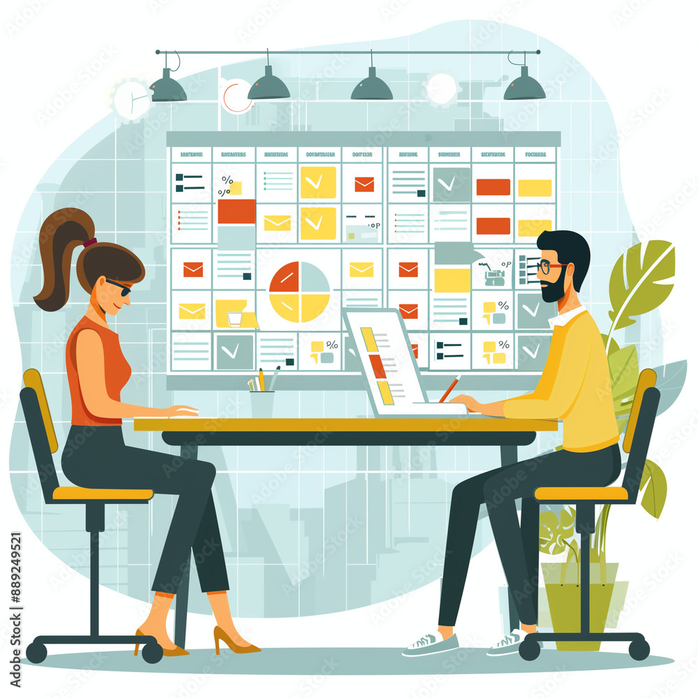 A man and a woman are sitting at a table with a large wall calendar in front of them. The woman is wearing a red shirt and the man is wearing glasses. They are both working on a project A man and a woman are sitting at a table with a large wall calendar in front of them. The woman is wearing a red shirt and the man is wearing glasses. They are both working on a project