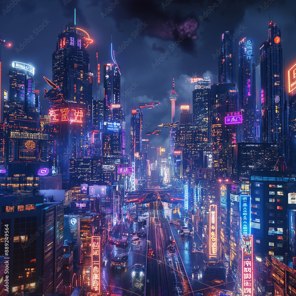 custom made wallpaper toronto digitalA vibrant futuristic cityscape at night, towering skyscrapers with neon lights,