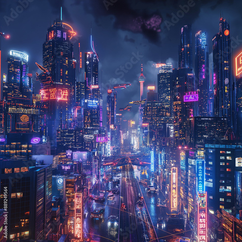 Wallpaper Mural A vibrant futuristic cityscape at night, towering skyscrapers with neon lights, Torontodigital.ca