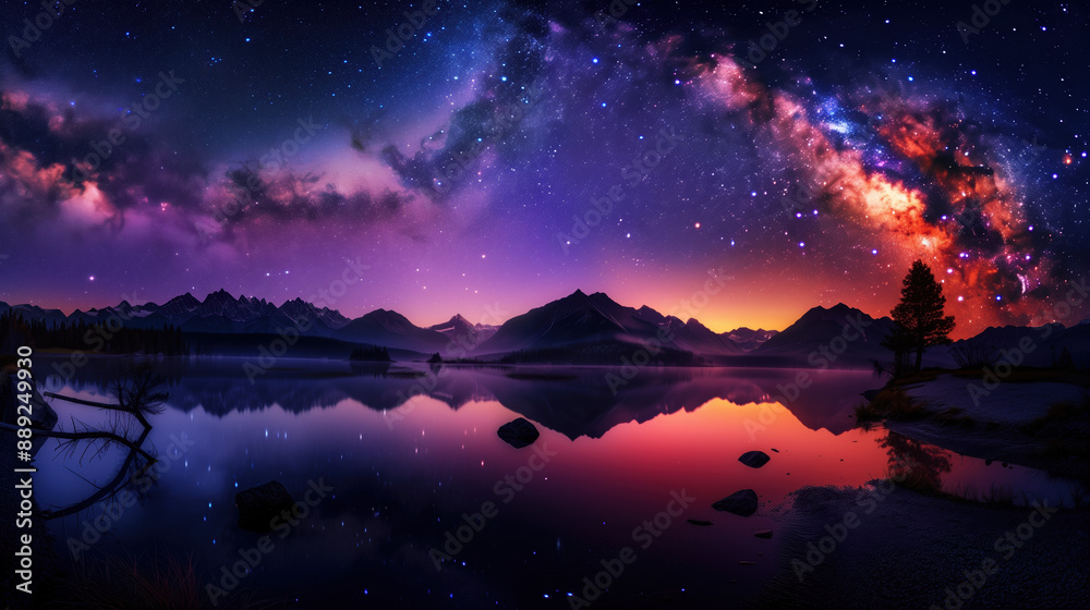 Naklejka premium Panoramic Night Sky View Featuring Milky Way Galaxy, Mountain Silhouettes, Reflective River, and Pine Tree