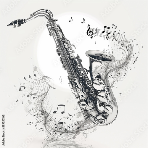A shiny saxophone with intricate keys and a smooth finish, suspended mid-flight on a 100% white background. Accompanied by musical notes and a treble clef, symbolizing the soulfulness and expressivene
