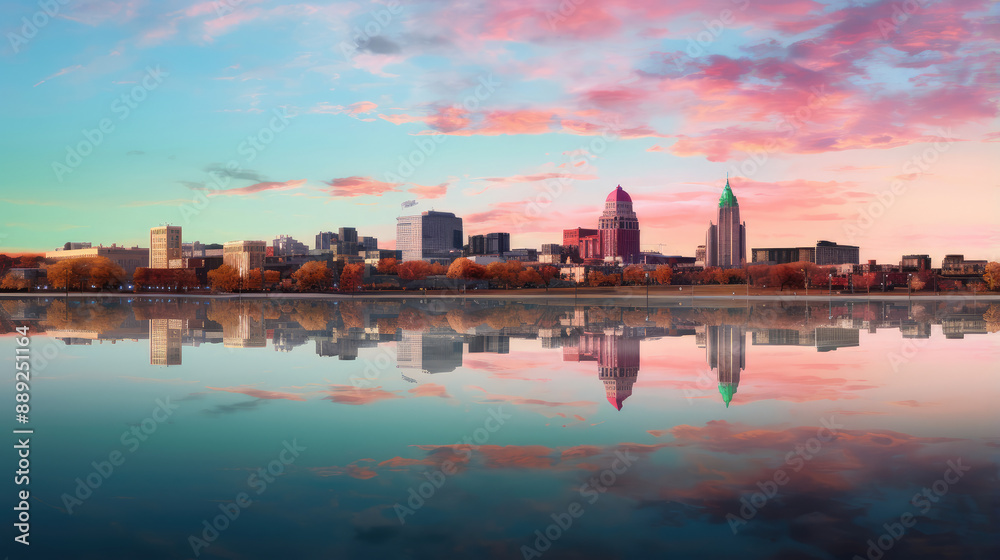 Naklejka premium Picturesque City Skyline and Reflection at Sunset