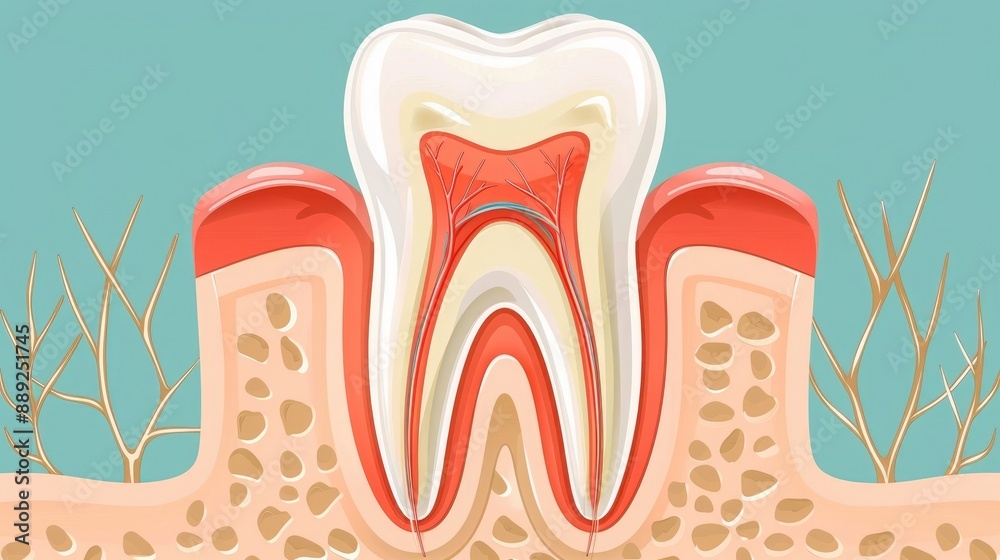Detailed anatomical illustration of a human tooth cross-section showcasing enamel, dentin, and root structure against a blue background. Detailed anatomical illustration of a human tooth cross-section showcasing enamel, dentin, and root structure against a blue background.