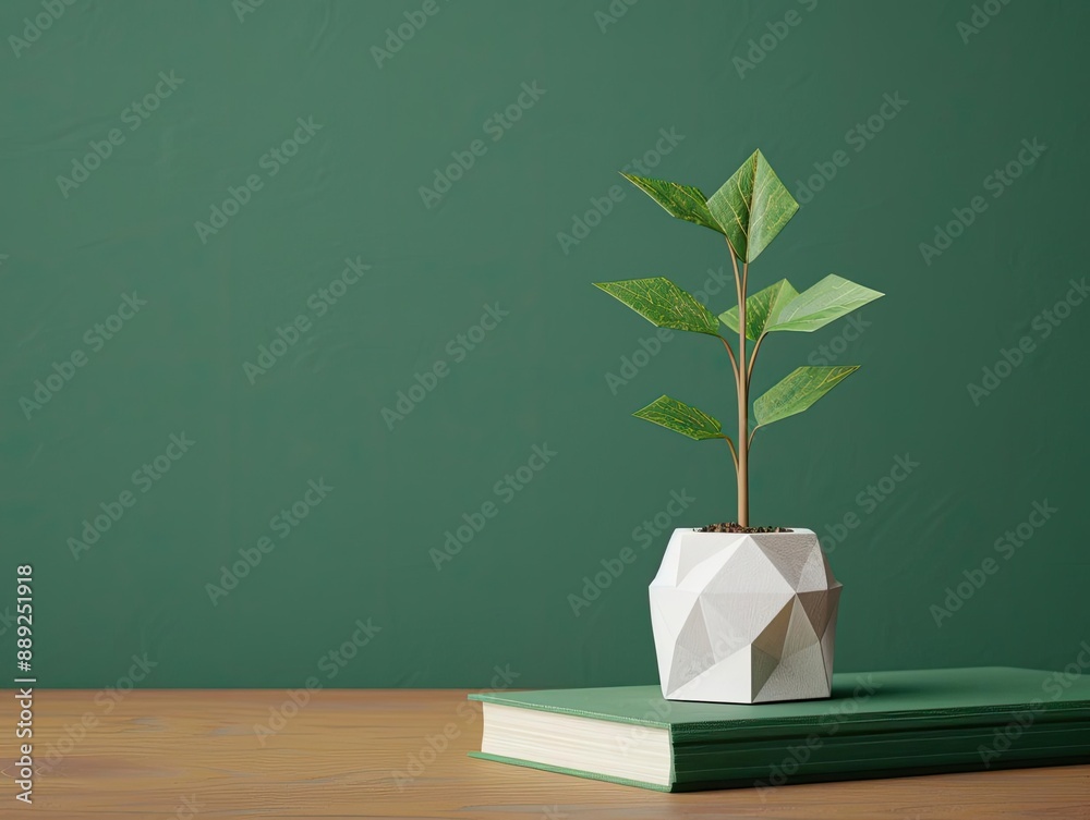 Minimalist photo of a small plant in a geometric pot placed on a closed book against a green background, ideal for modern home decor inspiration.