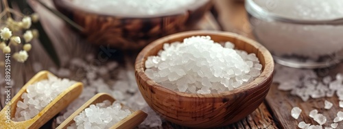 
Sea salt in bowls on a wooden base.