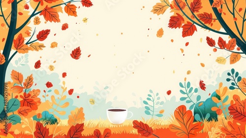 Serene autumn scene with falling leaves and a cup of coffee on a grassy field, surrounded by colorful trees.