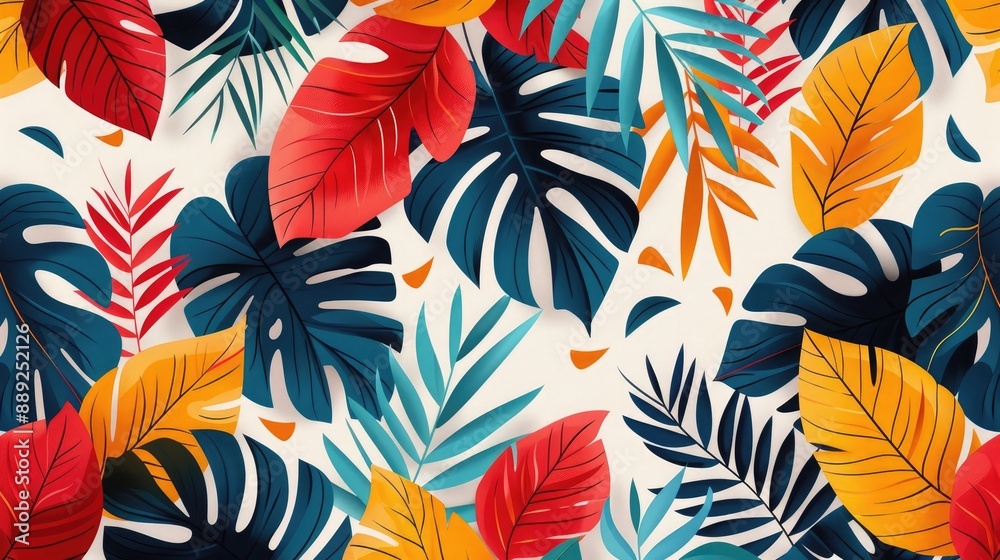 Vibrant tropical leaves pattern with colorful red, blue, and yellow foliage, ideal for summer designs and nature-themed projects. Vibrant tropical leaves pattern with colorful red, blue, and yellow foliage, ideal for summer designs and nature-themed projects.