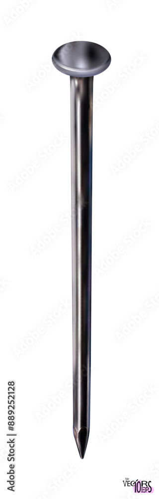 Single realistic metal nail, macro, isolated on white background. Detailed of small close up metal wares. Vector illustration Eps 10. Single realistic metal nail, macro, isolated on white background. Detailed of small close up metal wares. Vector illustration Eps 10.