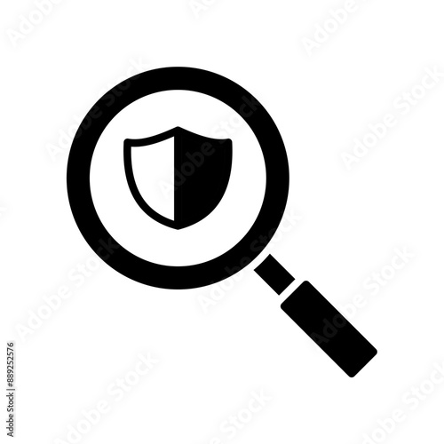 glass and shield outline icon, security inspection symbol. silhouette vector isolated on white background. simple and modern design
