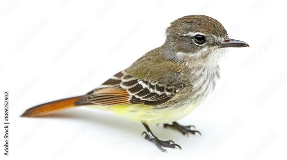 Fototapeta premium Great Crested Flycatcher full body clearly photo on white background