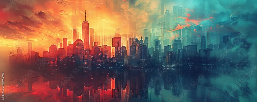 Obraz premium Surreal Urban Dreamscape: Twisted Reality City with Imaginative Architecture and Dynamic Lighting