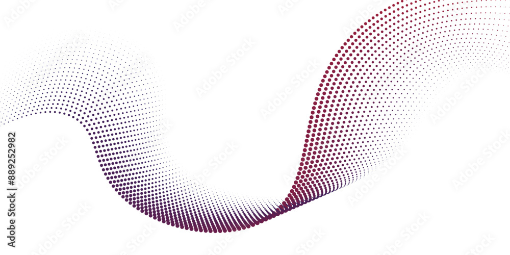 Flowing dots particles wave pattern halftone gradient curve shape isolated on white background. Vector in concept of technology, science, music, modern. Flowing dots particles wave pattern halftone gradient curve shape isolated on white background. Vector in concept of technology, science, music, modern.