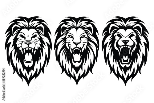 set of 3 lion head angry roaring logo vector silhouette, shows power and strenght