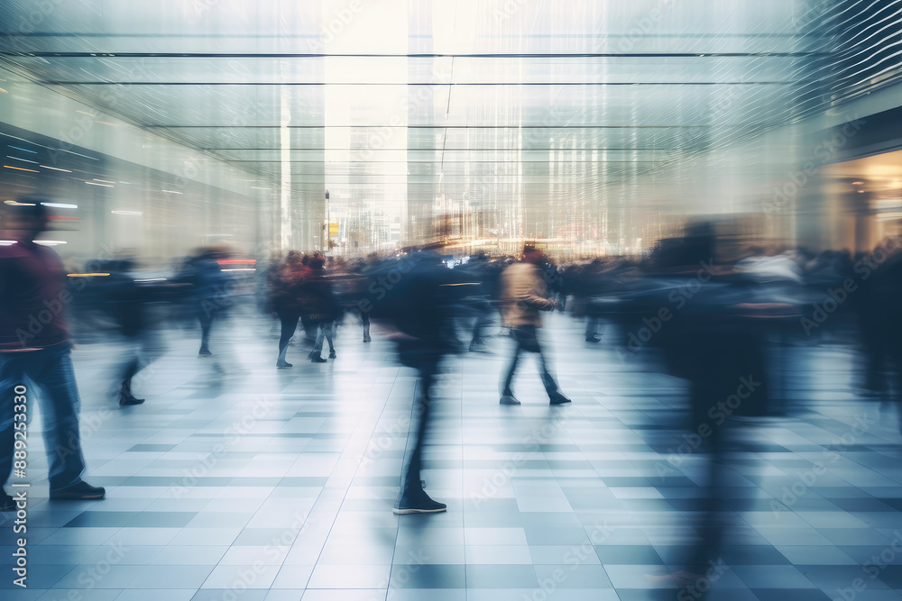 Blurred Motion of Busy Urban Commuters in Modern Setting Blurred Motion of Busy Urban Commuters in Modern Setting