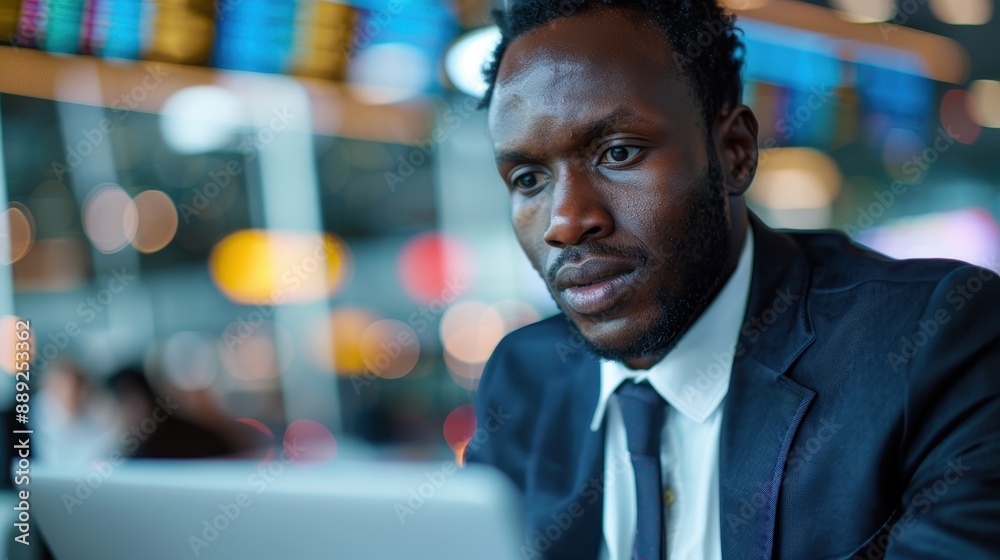 Fototapeta premium A businessman in a suit is focused intently on his laptop in a bustling environment full of bright lights and activity, embodying dedication and professional intensity.