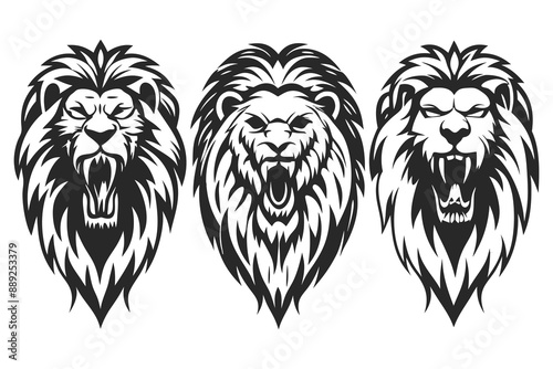 set of 3 lion head angry roaring logo vector silhouette, shows power and strenght