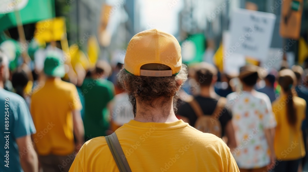 The image captures the back view of a person wearing a yellow shirt and cap, standing amidst a crowd at a public event, possibly a protest or rally, in an urban setting. The image captures the back view of a person wearing a yellow shirt and cap, standing amidst a crowd at a public event, possibly a protest or rally, in an urban setting.