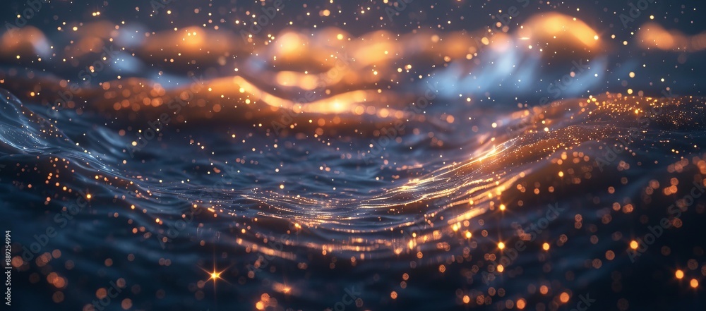 Naklejka premium Blue glowing particles, stars, shining particles explode on a black background.