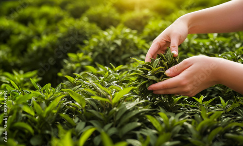 Hand harvest fresh tea leaves in tea farm.