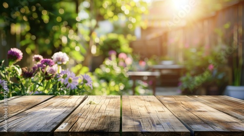 In the summer, a grill barbecue, wooden table, and a blurred background are seen in the backyard garden © Bundi