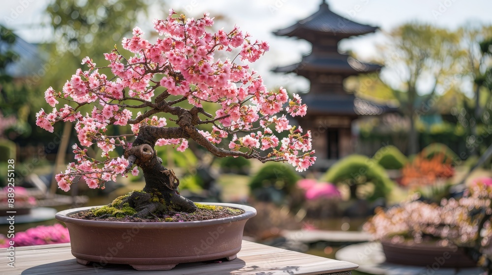 Serene cherry blossom bonsai tree in full bloom with a Japanese pagoda in the background Serene cherry blossom bonsai tree in full bloom with a Japanese pagoda in the background