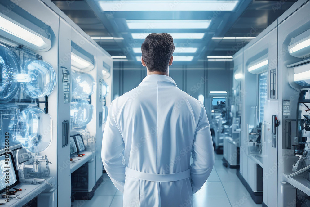 Rear view of male scientist in white coat in science center in research laboratory with modern equipment Rear view of male scientist in white coat in science center in research laboratory with modern equipment